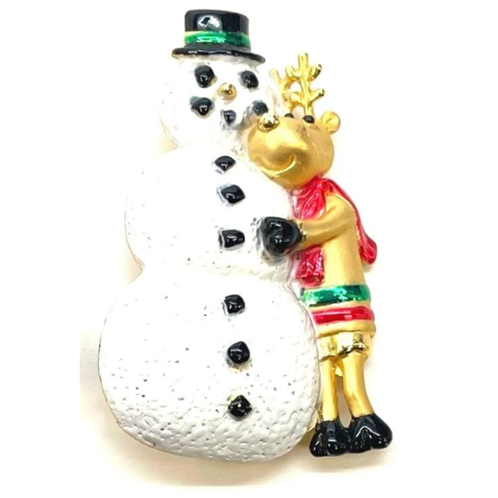 AJC Reindeer Hugging Snowman Christmas Brooch Pin Gold Tone Holiday Jewelry 2190